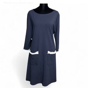 DUFFIELD ALANE  Navy Blue MIDI Dress W/Lace Trim Side Pockets And 3/4 Sleeve XL